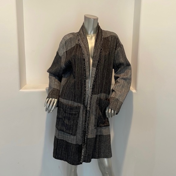 Eileen Fisher Black Organic Cotton Hazy Blocks Shawl Cardigan Jacket Size L/XL - Picture 3 of 15